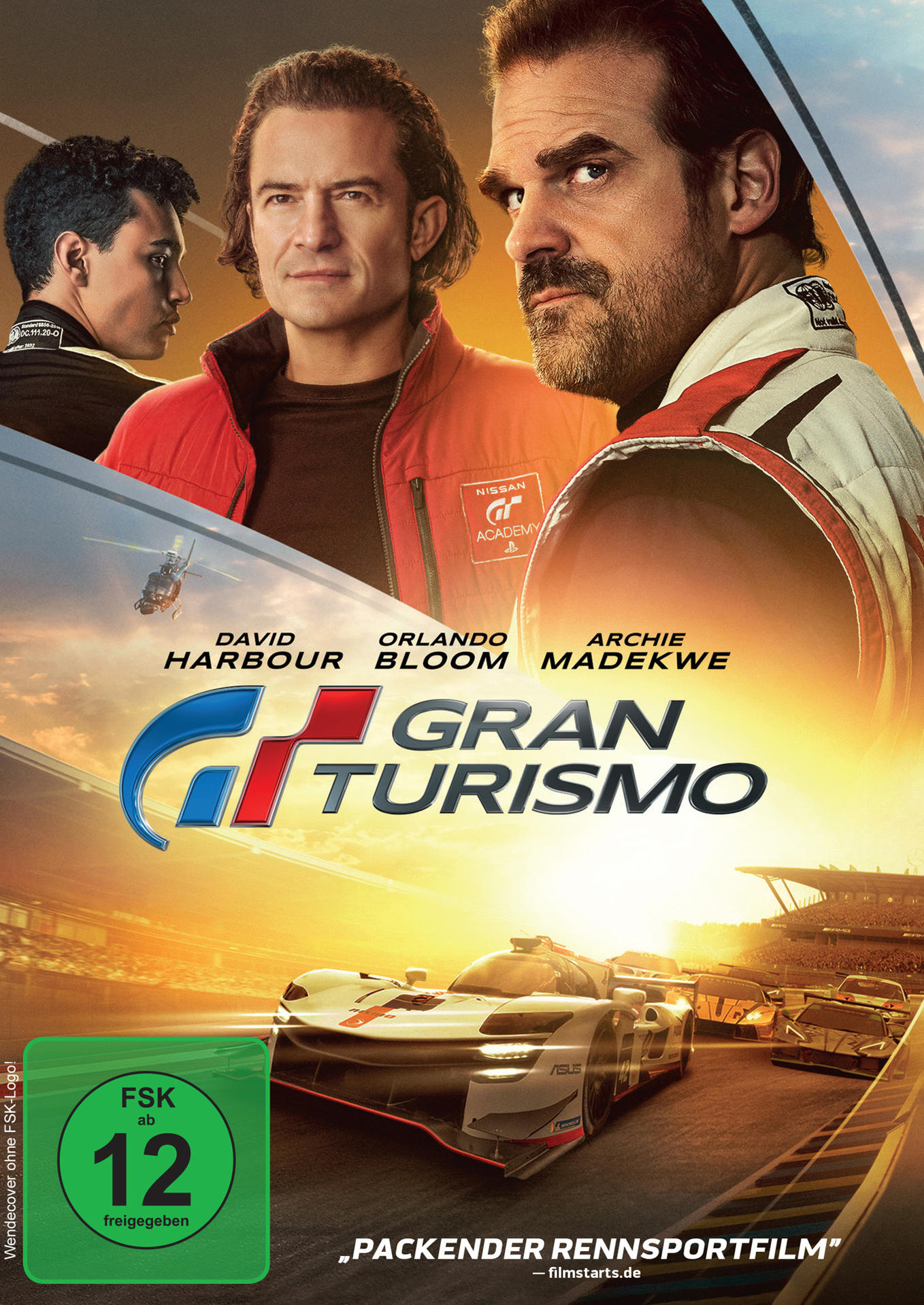 Gran Turismo Filmcover mit Schauspielern und Rennwagen. Bewertung: FSK 12.