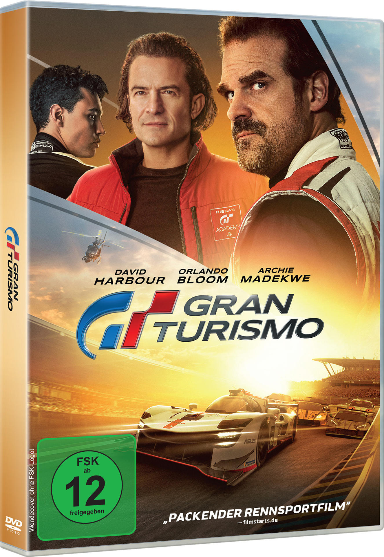 DVD-Cover für den Film 'Gran Turismo'. Mit David Harbour, Orlando Bloom und Archie Madekwe.