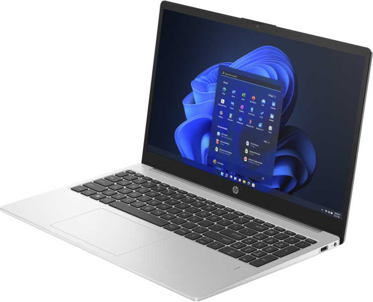 Ezüst laptop fekete billentyűzettel és képernyővel, színes Windows felülettel.
