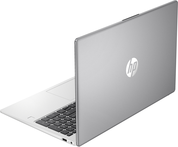 Ezüst HP laptop, nyitva, billentyűzet látható, HP logó a hátoldalon.