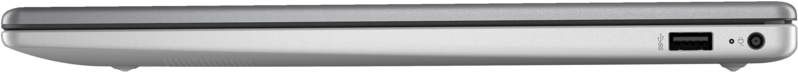 Egy ezüst laptop oldalsó nézete USB porttal és bekapcsolásjelzővel.