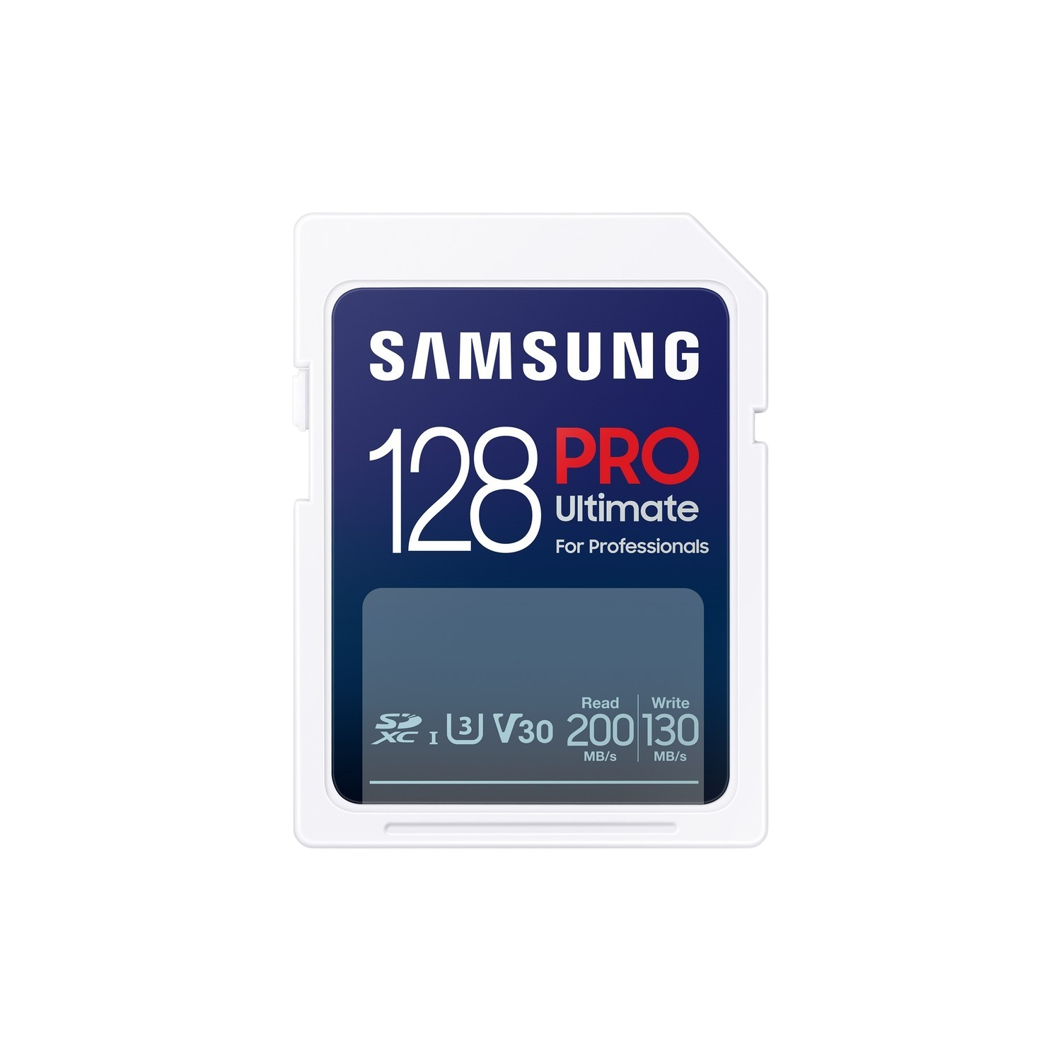 Een witte Samsung SD-kaart met blauwe tekst, met "128 PRO Ultimate" en lees-/schrijfsnelheden.