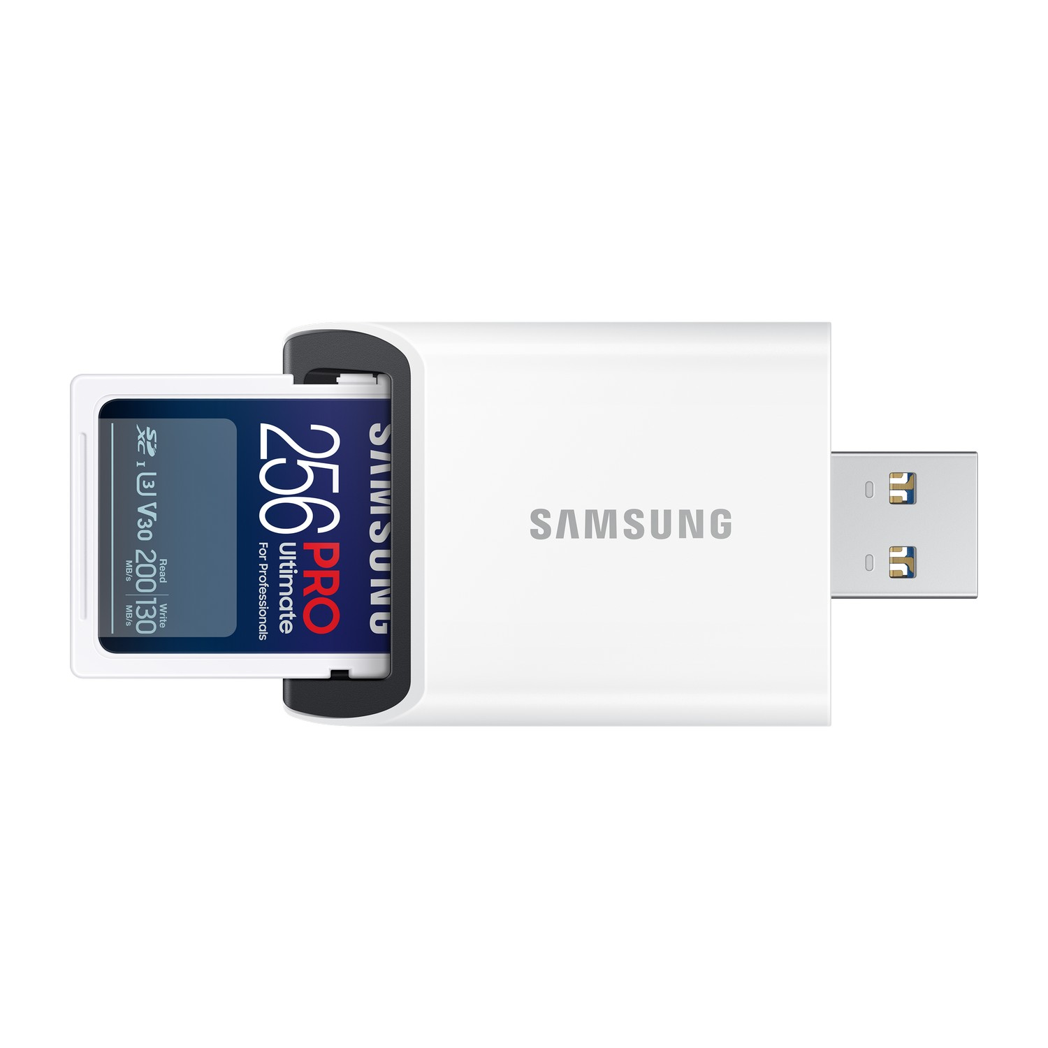A white USB card reader with a blue and white SD card inserted, on a white background.