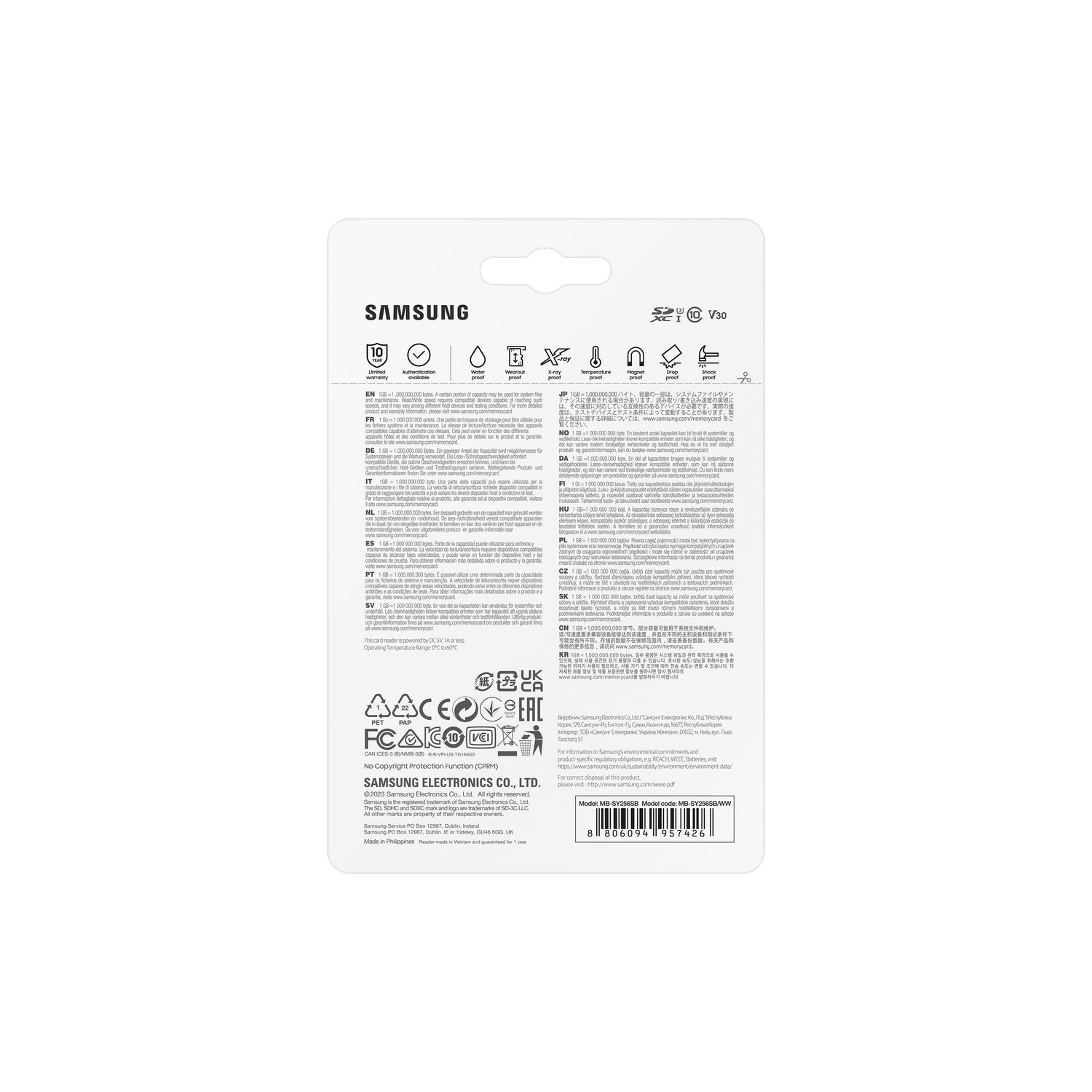 A back of a Samsung SD card package with various icons and text in multiple languages.