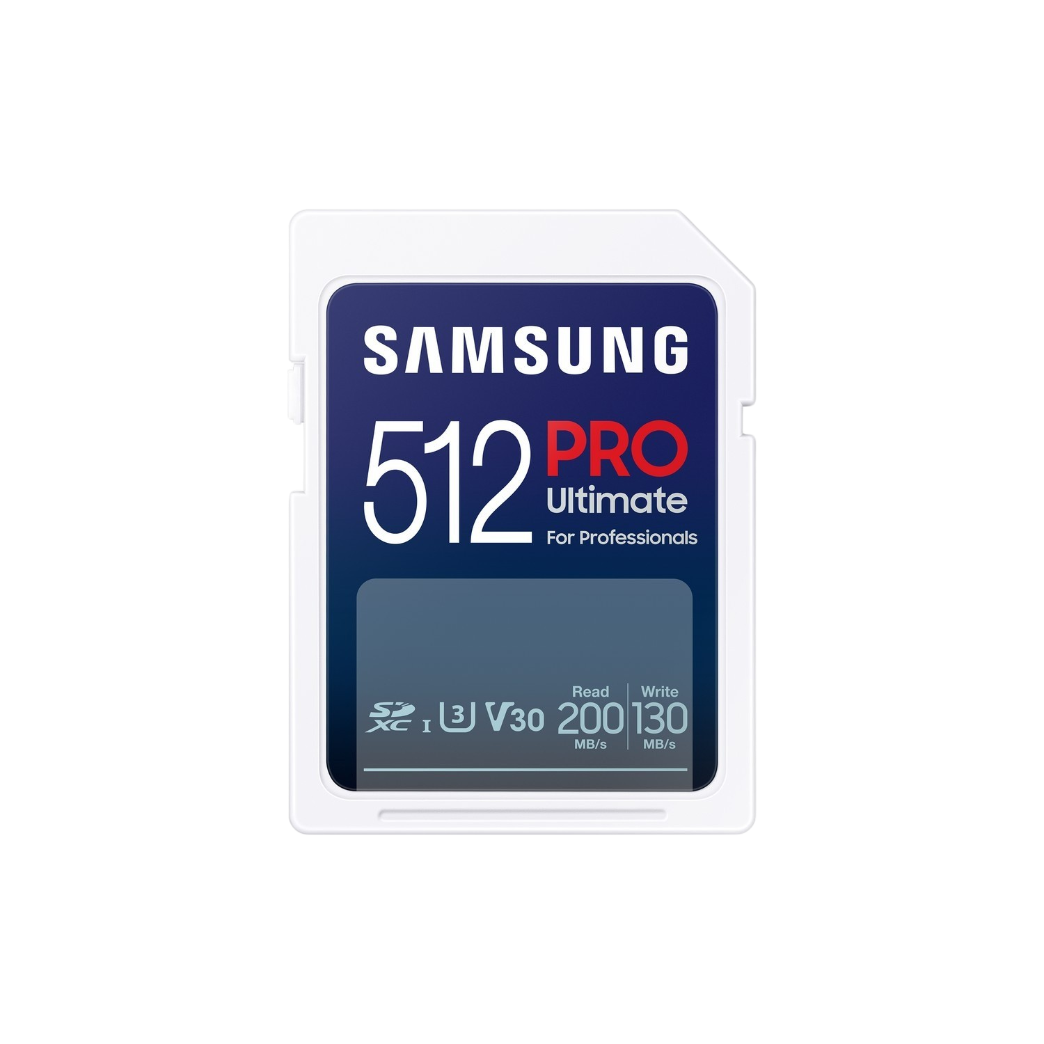 Samsung SD-kaart. Blauw en wit, met '512 PRO Ultimate'-tekst en lees-/schrijfsnelheden op de voorkant.