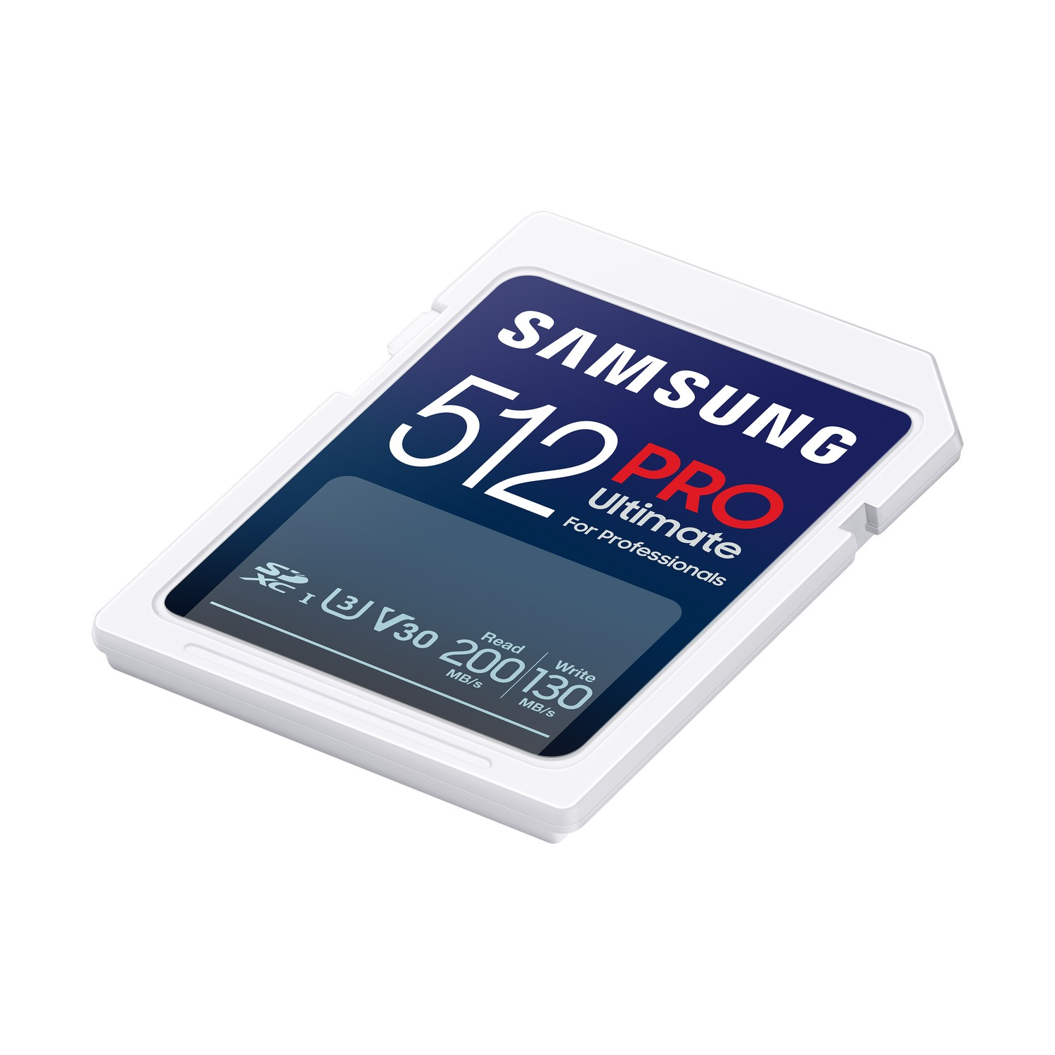 Witte en blauwe Samsung SD-kaart. Leest '512' op de voorkant, met 'Pro Ultimate' en lees/schrijfsnelheden.