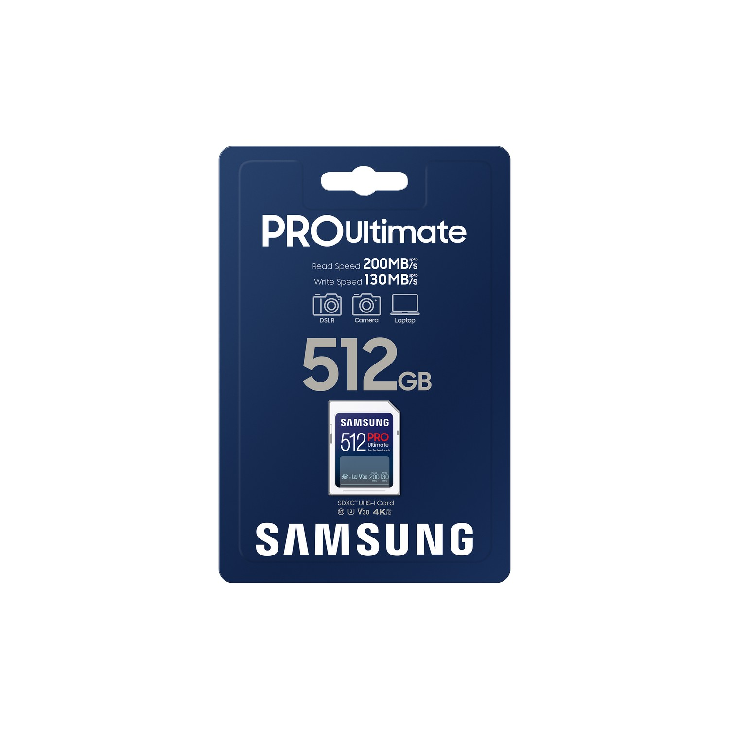 Een Samsung Pro Ultimate 512GB SD-kaart in de originele verpakking.