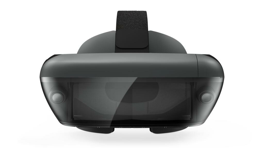 Czarny zestaw VR z czarnym paskiem na głowę, na białym tle.