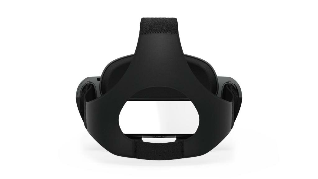 Czarny zestaw VR z paskiem na głowę, widziany od przodu.