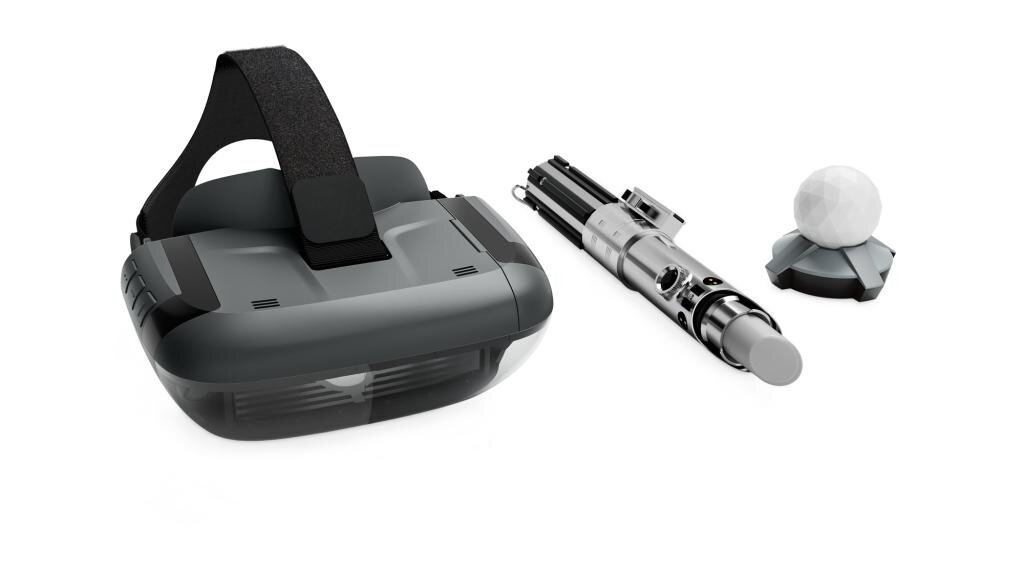 Szary zestaw VR z czarnym paskiem, rękojeścią miecza świetlnego i białą kulką.