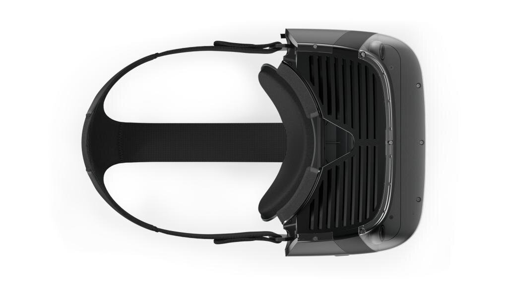 Czarny zestaw VR z paskiem na głowę i piankową wyściółką, na białym tle.