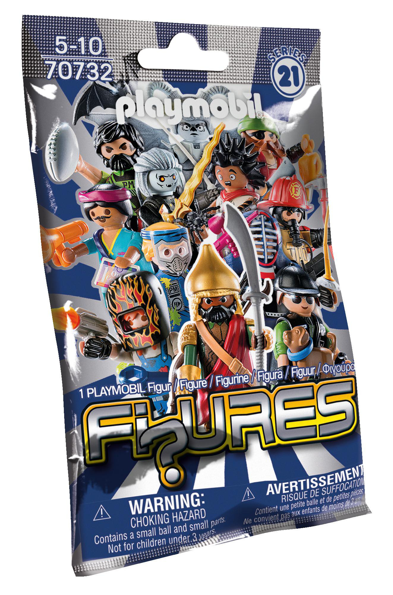Eine Playmobil-Blindbag mit verschiedenen Actionfiguren auf der Vorderseite, in einem bunten Design.