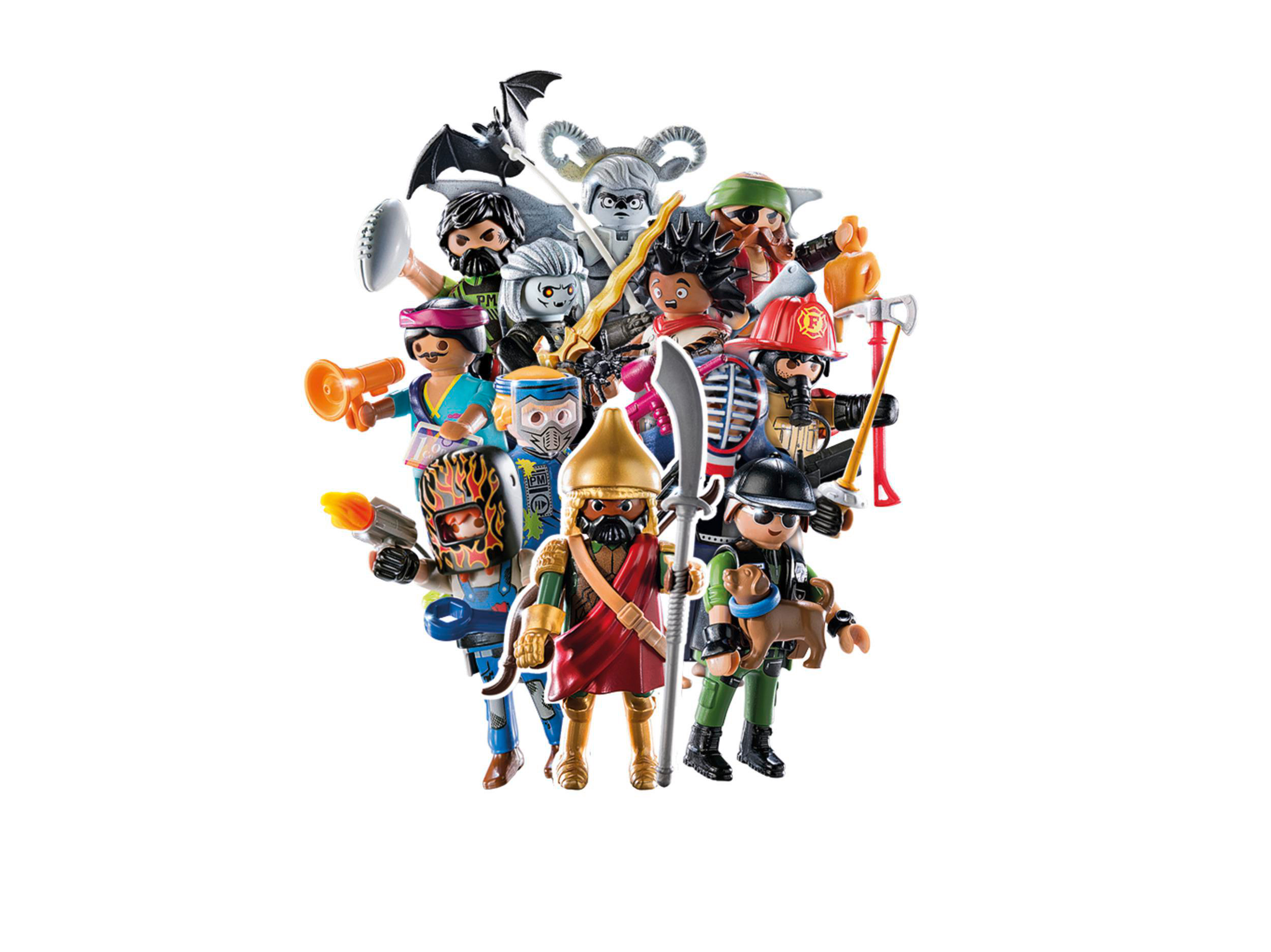 Eine Gruppe von Playmobil-Figuren in verschiedenen Kostümen.