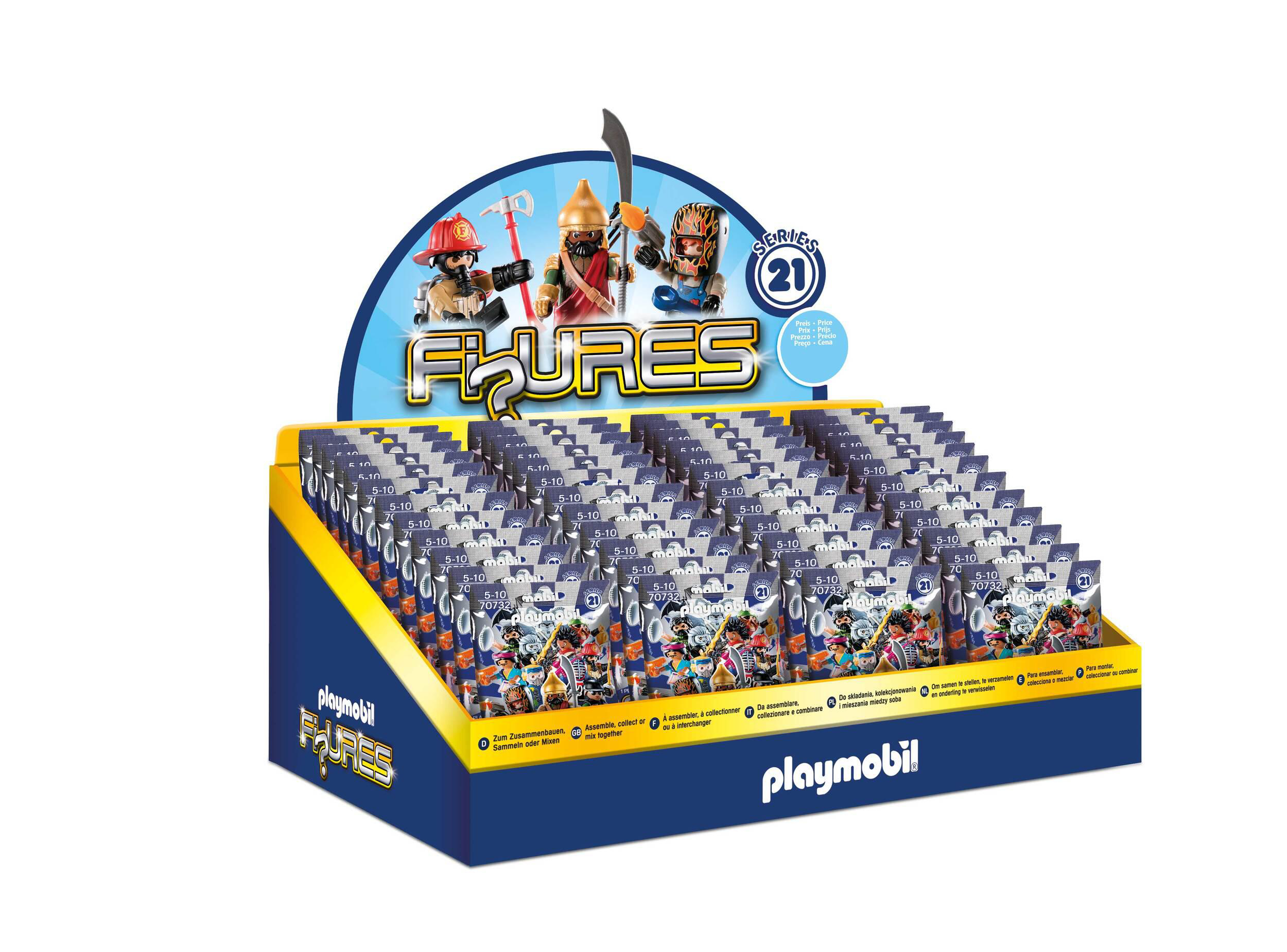 Eine Displaybox mit Playmobil-Figuren. Die Box ist blau und mit kleinen, versiegelten Figurenpackungen gefüllt.
