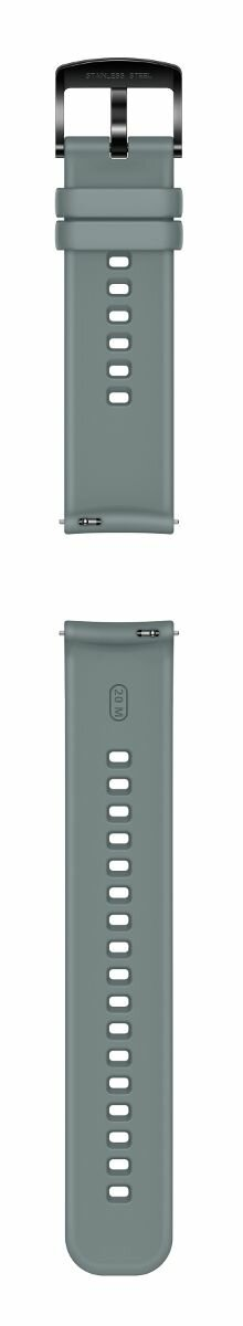 Szary pasek do zegarka z czarną klamrą i srebrnymi bolcami.