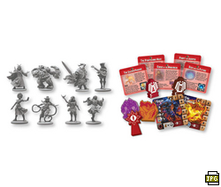 Spielsteine und Karten für ein Brettspiel auf weißem Hintergrund.