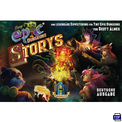 Spielbox-Cover mit dem Titel Tiny Epic Dungeons Stories, mit Fantasy-Kunst. Text auf Deutsch.