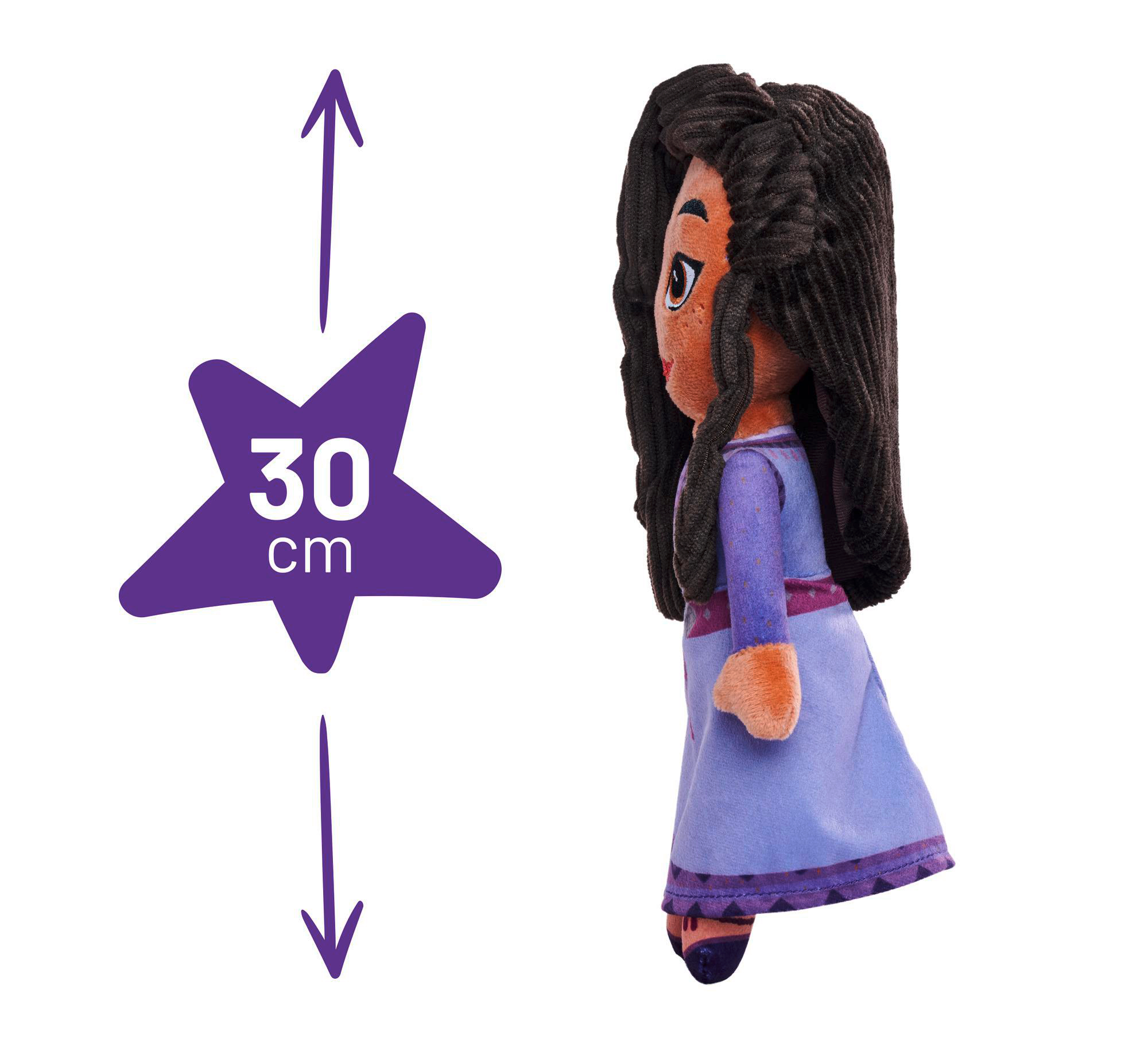 Eine Puppe eines Mädchens in einem blauen Kleid, neben einem Stern, der ihre 30 cm Größe angibt.