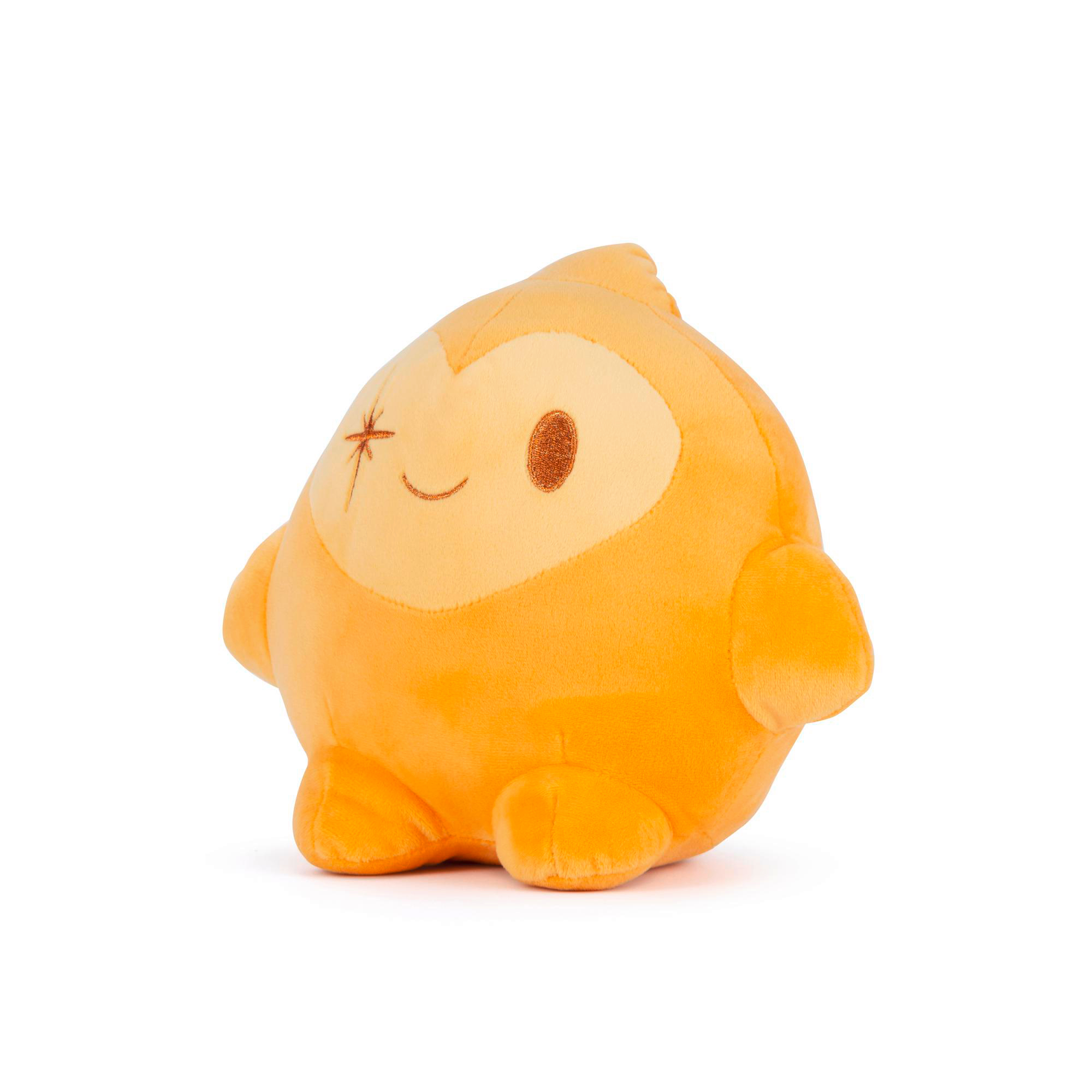 Ein orangefarbenes Plüschtier in Form eines kleinen, abgerundeten Wesens mit einem zwinkernden Gesicht.