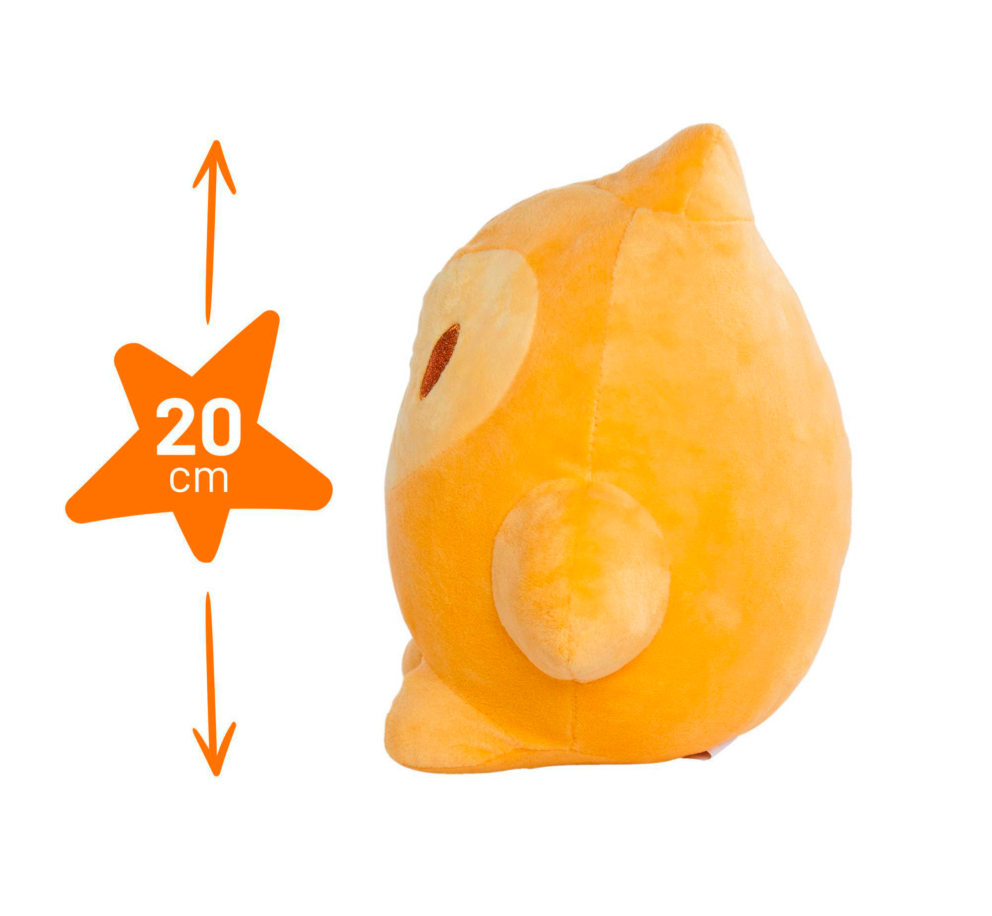 Ein orangefarbenes Eulen-Plüschtier mit einem Stern daneben, der eine Höhe von 20 cm anzeigt.