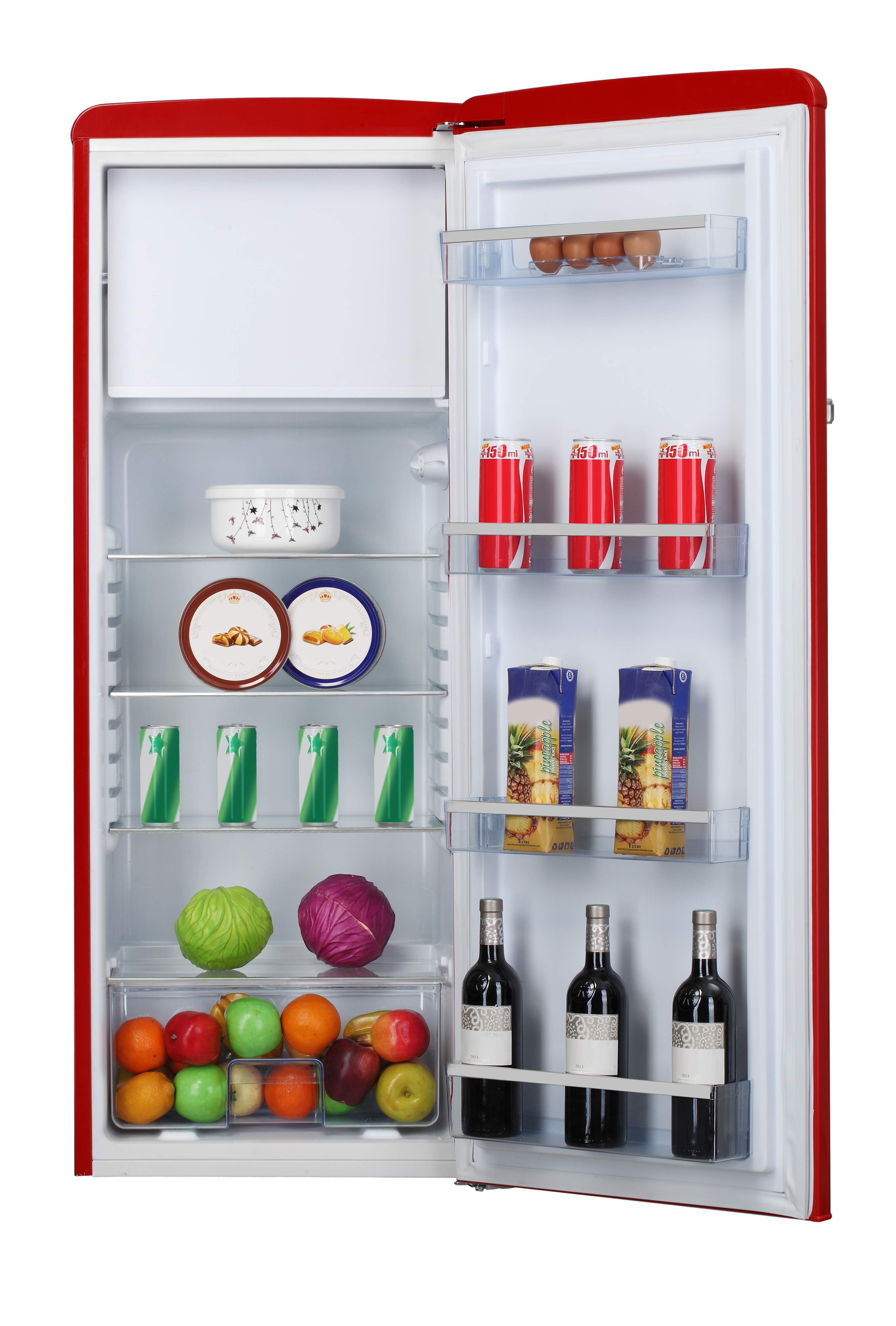 Ein roter Kühlschrank mit offener Tür. Es gibt Essen und Getränke darin.