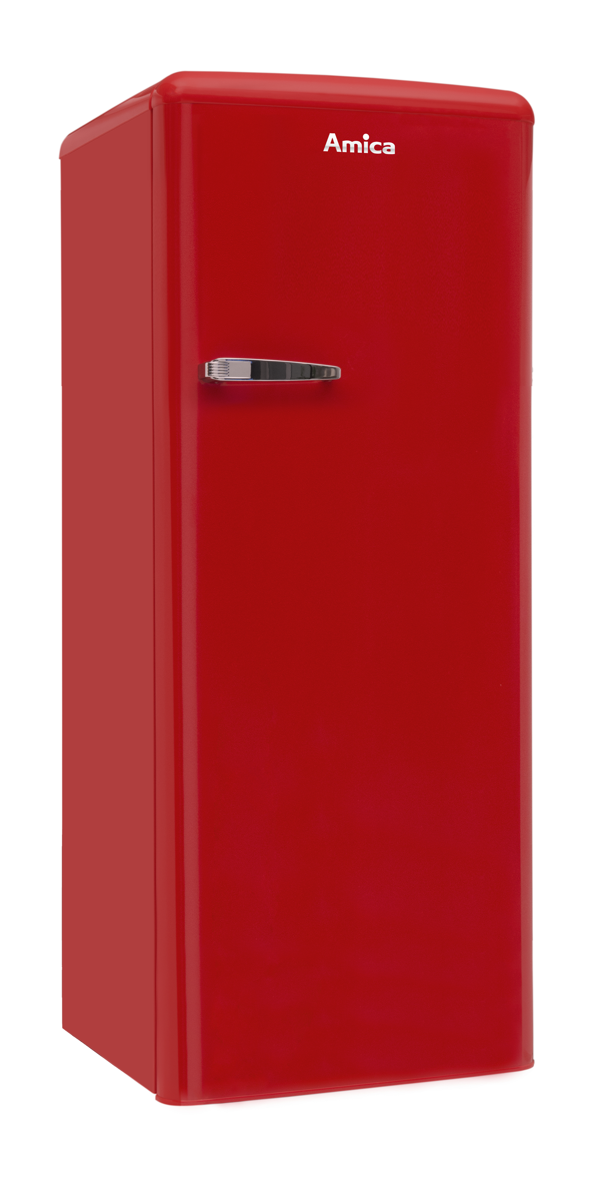 Roter Kühlschrank im Retro-Stil. Er ist aufrecht mit einem silbernen Griff und dem Markennamen Amica.