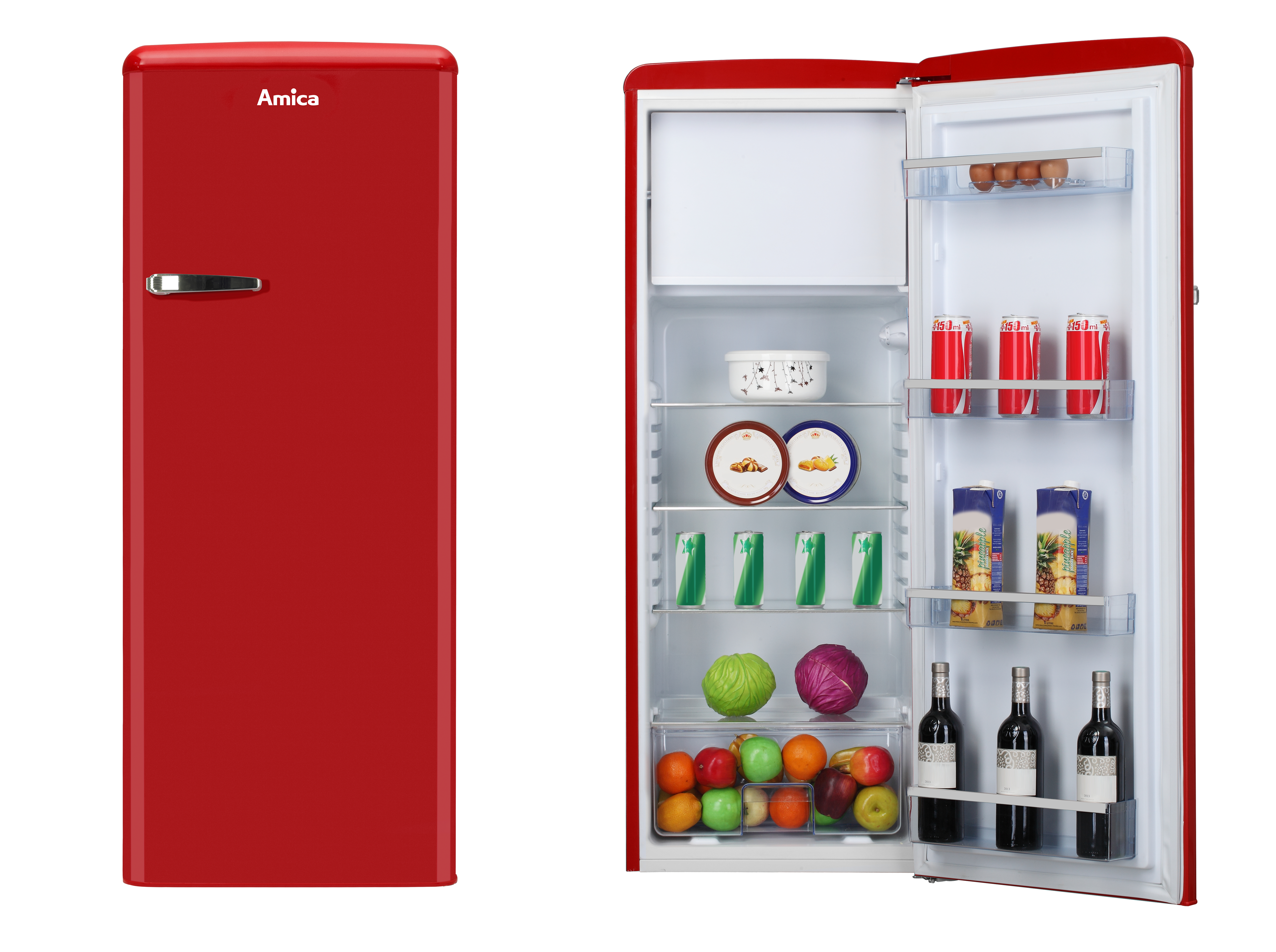 Roter Kühlschrank im Retro-Stil, Tür links geschlossen, rechts geöffnet mit Lebensmitteln.