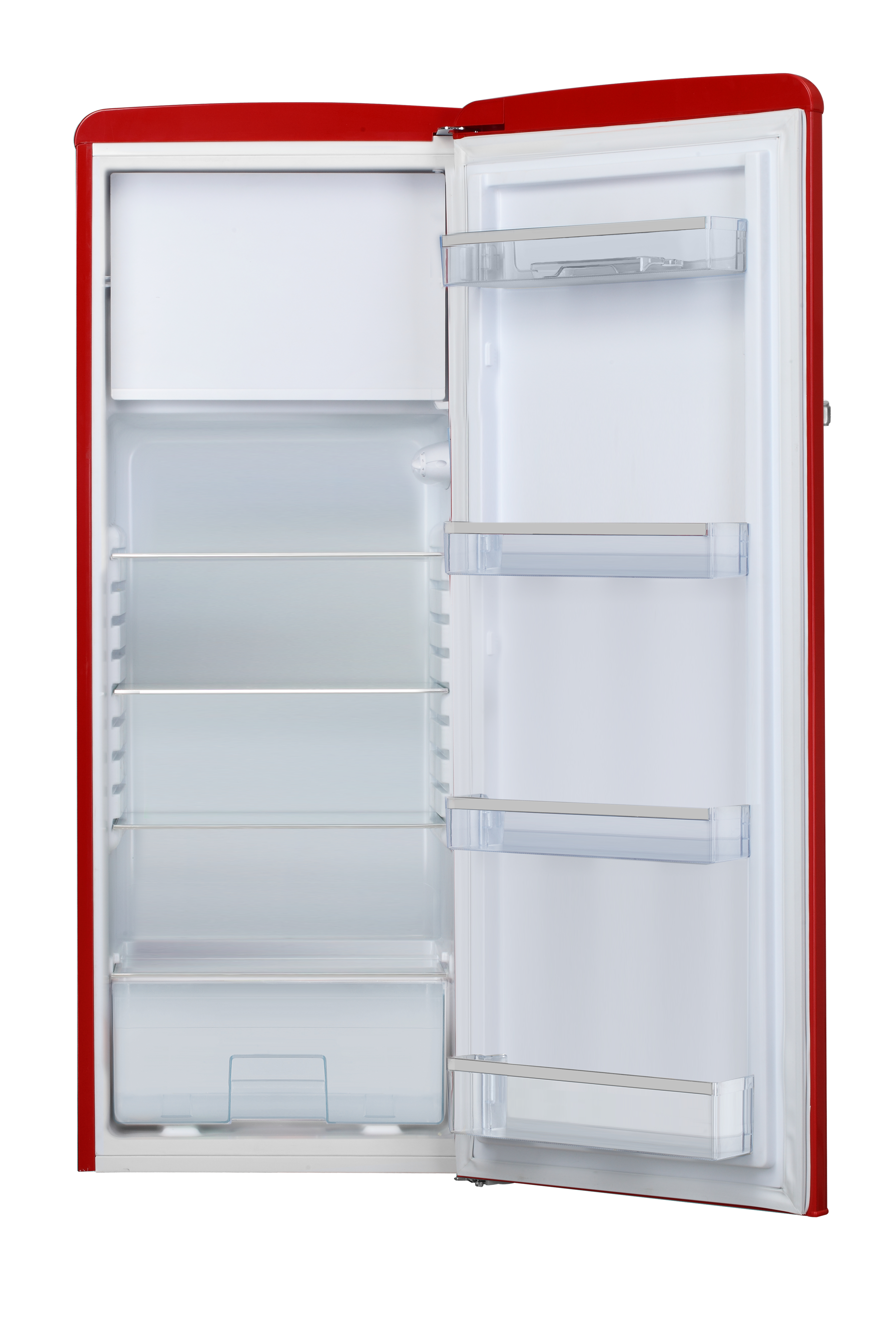 Roter Kühlschrank mit offener Tür, zeigt Regale und Fächer. Weißer Innenraum und silberne Akzente sichtbar.