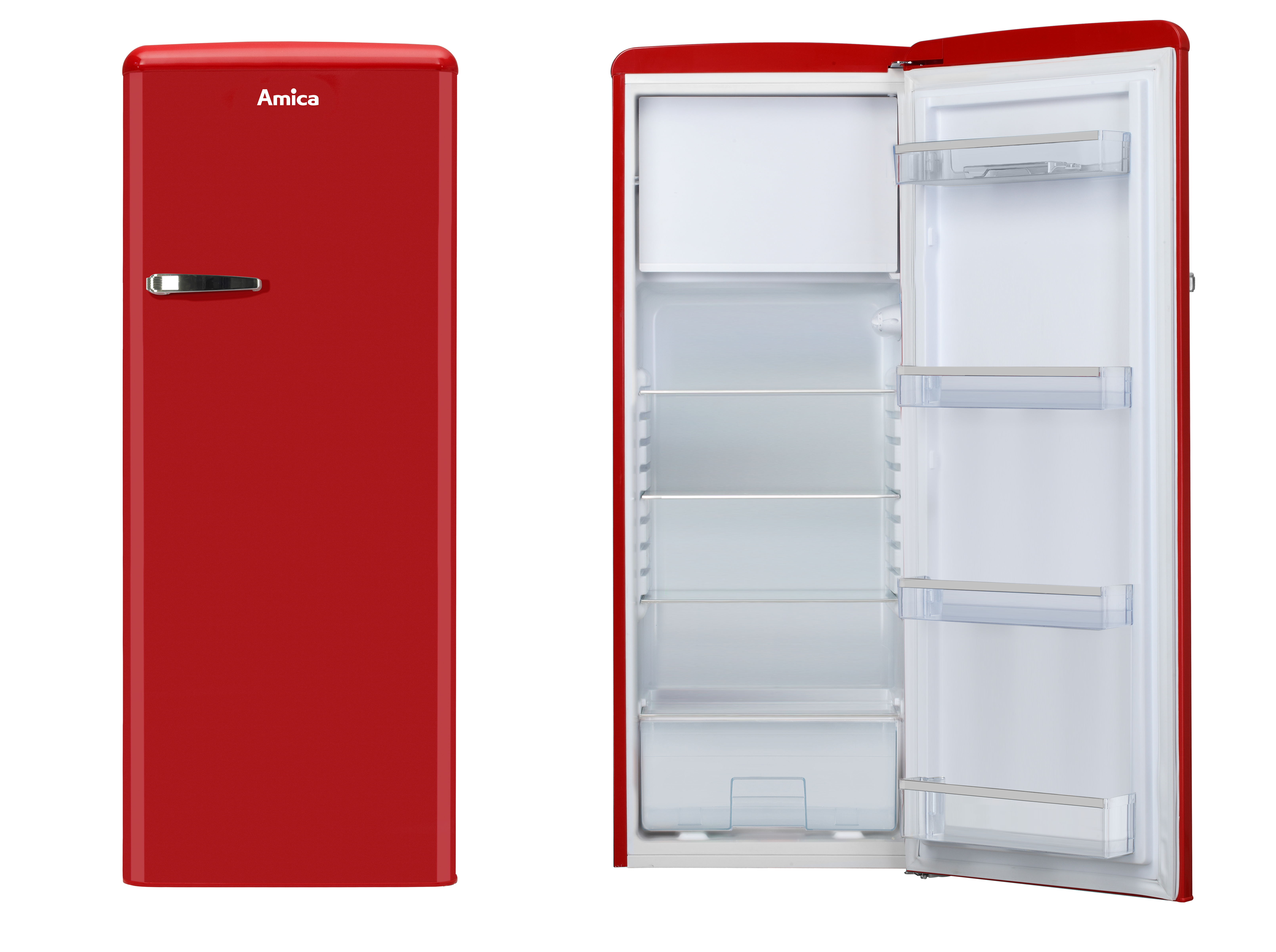 Roter Retro-Kühlschrank, Tür offen. Innenregale sichtbar. Silberner Griff.