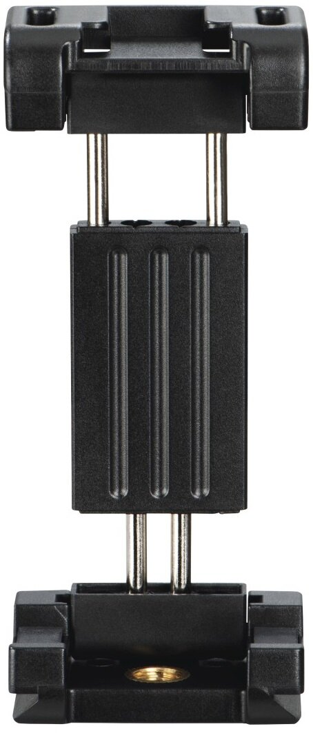 Czarny uchwyt do telefonu do statywu. Ma regulowane ramiona i śrubę.