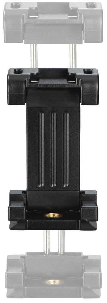 Czarny uchwyt do telefonu z regulowanymi ramionami. Uchwyt jest ustawiony pionowo.