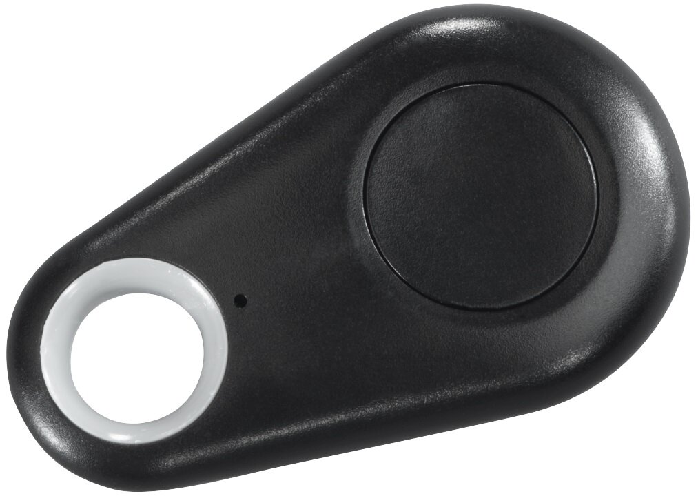 Czarne, owalne urządzenie śledzące z białym pierścieniem i przyciskiem, na białym tle.
