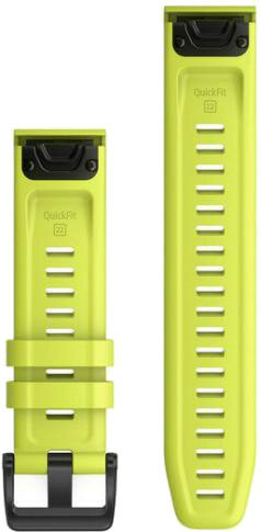 Dwa limonkowo-zielone paski do zegarka Garmin QuickFit z czarnymi sprzączkami, na białym tle.