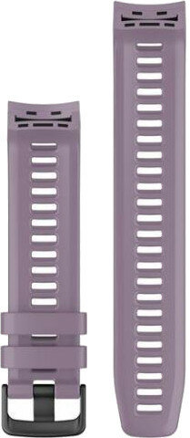 Dwa lawendowe paski do zegarków. Lewy ma czarną klamrę. Oba mają otwory do regulacji rozmiaru.