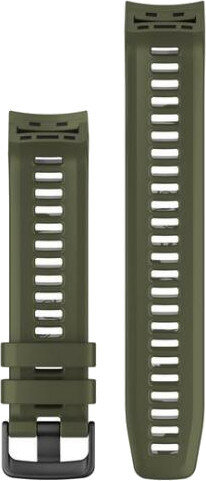 Dwa oliwkowozielone paski do zegarka. Jeden ma klamrę, a drugi serię otworów. Paski są na białym tle.