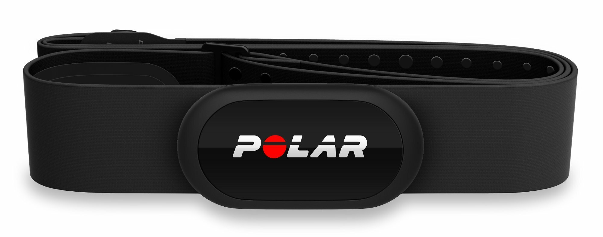 Czarny pas piersiowy do monitora pracy serca Polar z logo 'POLAR' w kolorze białym i czerwoną kropką.