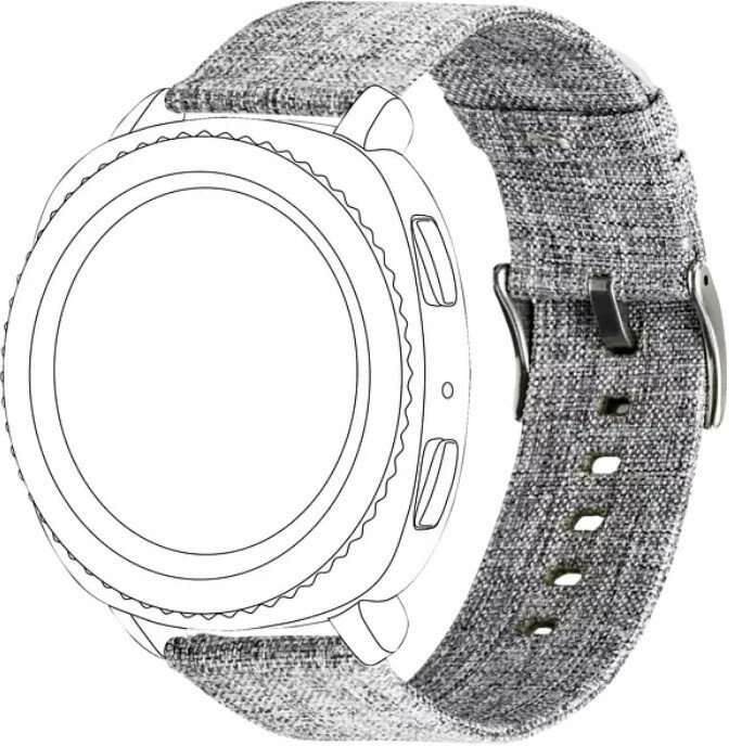 Smartwatch z szarym paskiem z tkaniny na białym tle.