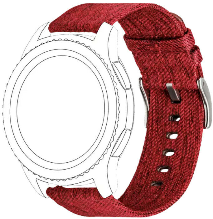 Czerwony materiałowy pasek do zegarka przymocowany do zarysu srebrnej koperty zegarka.