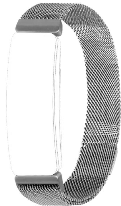 Srebrna, metalowa bransoleta z siateczki z prostokątną kopertą i białym cyferblatem.