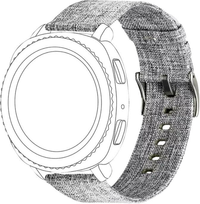 Rysunek techniczny smartwatcha z szarym paskiem z tkaniny.