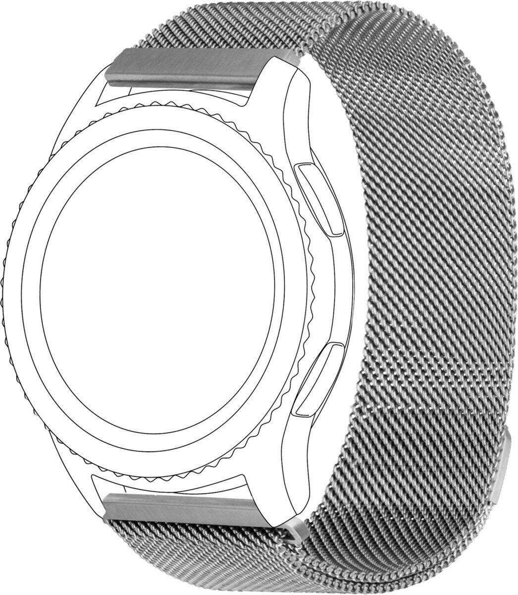 Zegarek ze stali nierdzewnej z siatkowym paskiem. Tarcza zegarka to czarne koło. Tło jest białe.