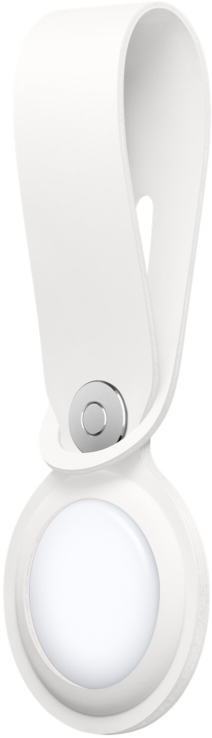 Biały Apple AirTag z pętlą, na białym tle. Etykieta ma srebrny środek.