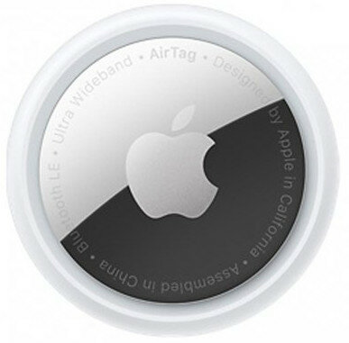 Apple AirTag, okrągłe białe urządzenie, z logo Apple i czarnymi detalami.