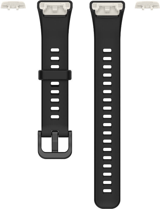 Czarne paski do zegarka z białymi i czarnymi mocowaniami. Jeden pasek ma otwory. Tło jest białe.