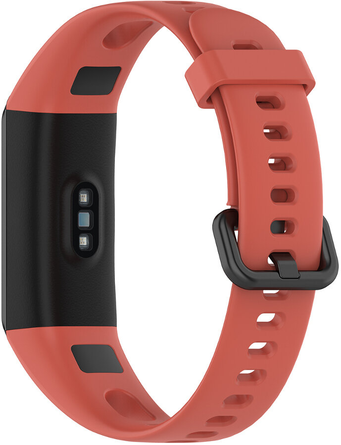 Czerwono-czarny tracker fitness z paskiem. Ekran jest czarny. Pasek ma dziury.