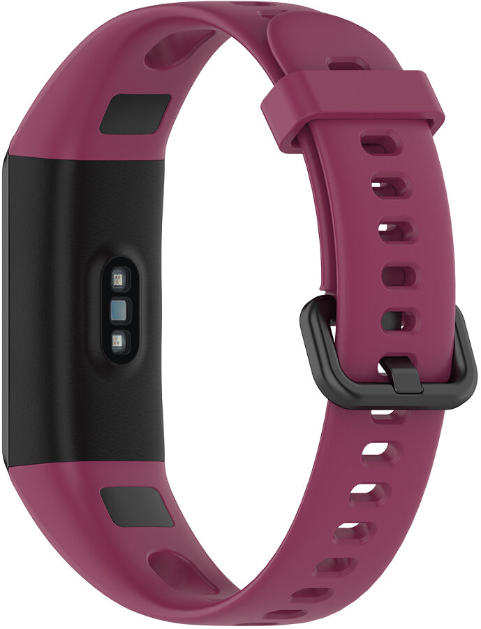 Bordowy zegarek fitness z czarnym wyświetlaczem i klamrą.