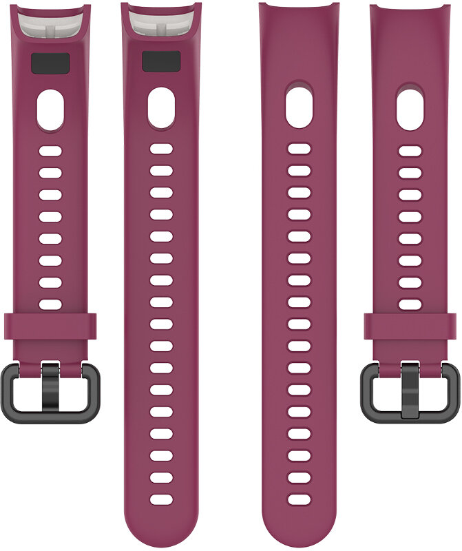 Cztery ciemnoczerwone paski do zegarka z klamrami i otworami, pionowo.