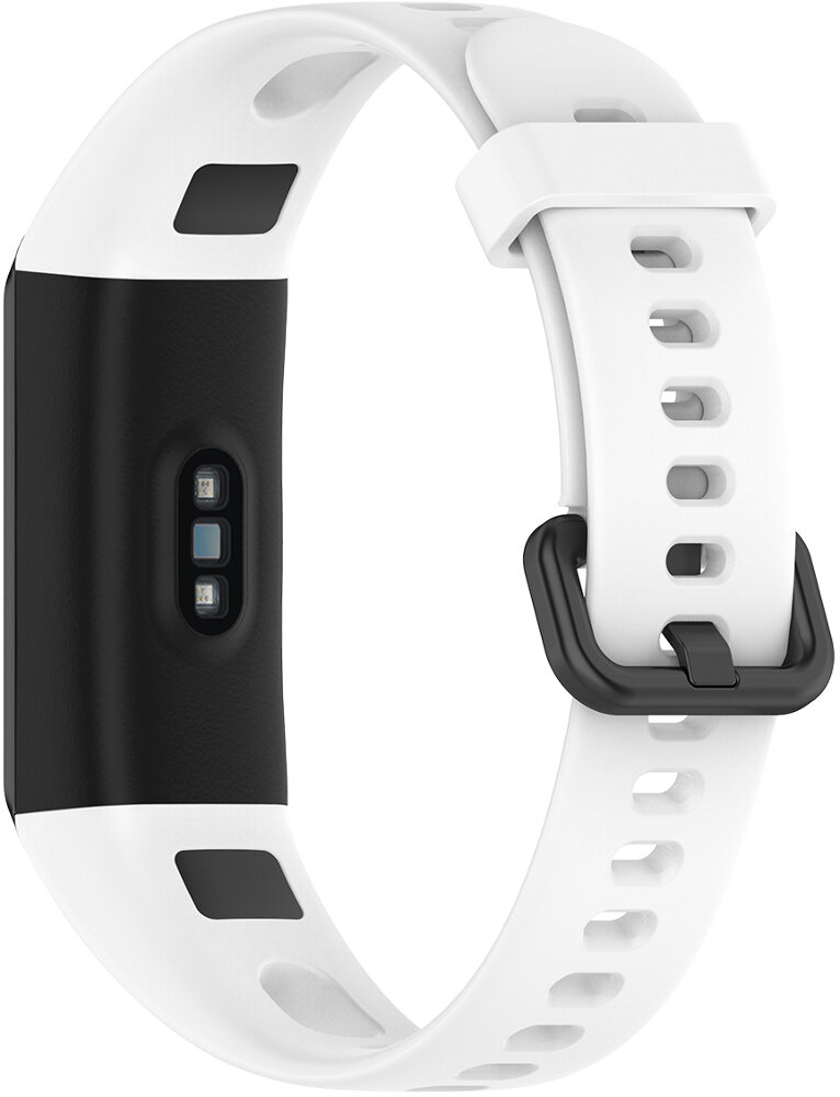 Biały i czarny smartwatch z białym paskiem. Tarcza zegarka jest czarna, z trzema kropkami czujnika.