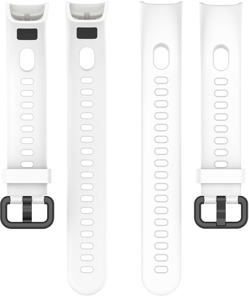 Dwa białe paski do zegarka z czarnymi klamrami.