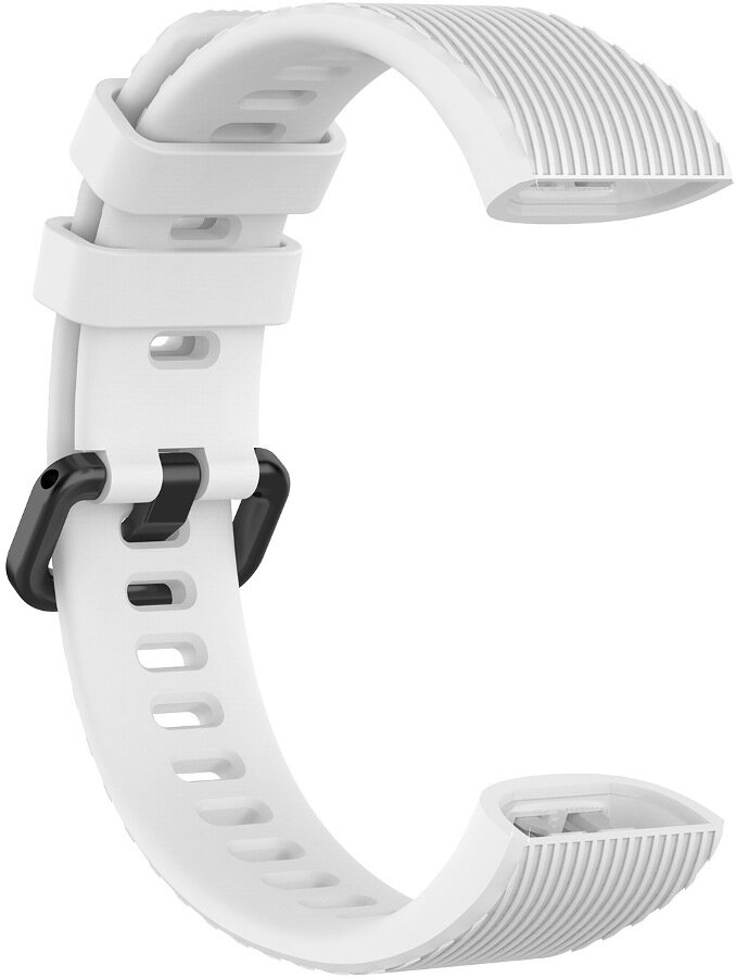 Biała opaska zegarka z czarną klamrą i otworami wentylacyjnymi.